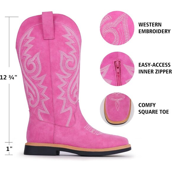 Women's Fuchsia Embroidered Square Toe Side Zipper Western Mid Calf Dress Boots - Picture 4 of 6